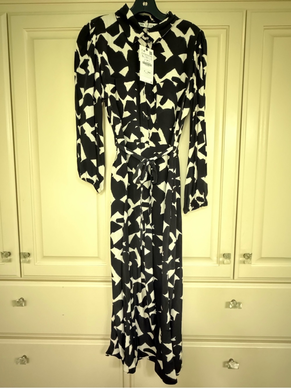 ZARA Black & Cream Patterned Long Sleeve Maxi Dress with Tie Waist